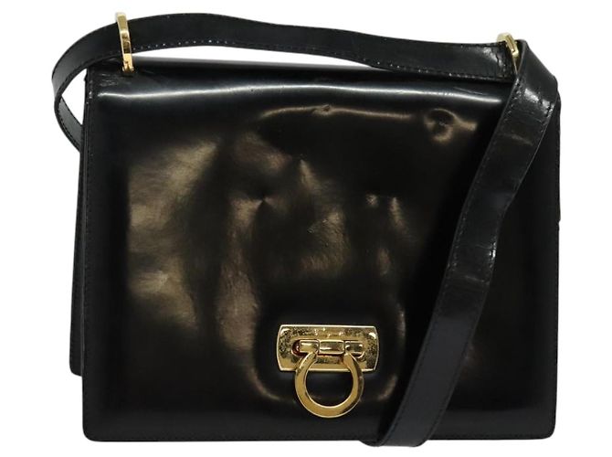 Borsa a Spalla Gancini in Pelle Nera e Oro Salvatore Ferragamo Auth 140988 Nero D'oro