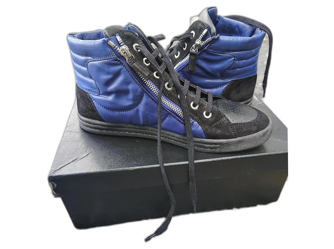 Zapatillas Chanel Negras y Azules de Ante y Cuero Negro
