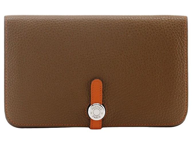 Billetera combinada Dogon Duo de cuero Hermès Castaño