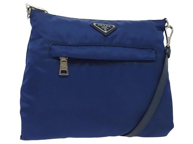 Borsa Messenger Piatta Prada Tessuto con Pelle Piccola Blu
