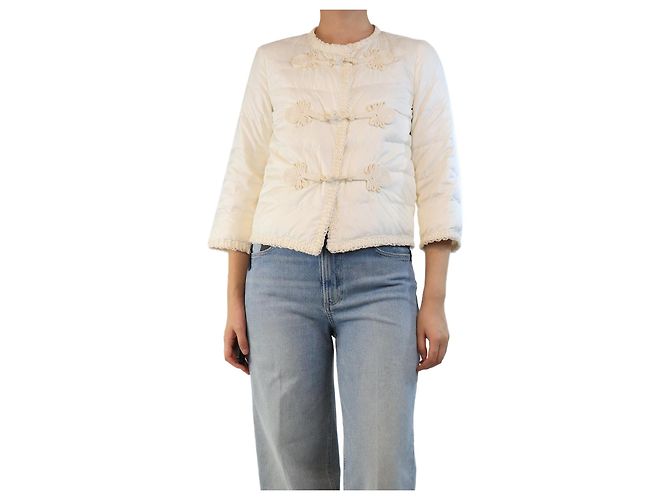 Ermanno Scervino Creme Pufferjacke mit Raffia-Besatz - Größe UK 8 Roh