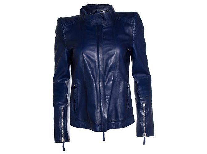 Blaue Leder-Bikerjacke von Roberto Cavalli