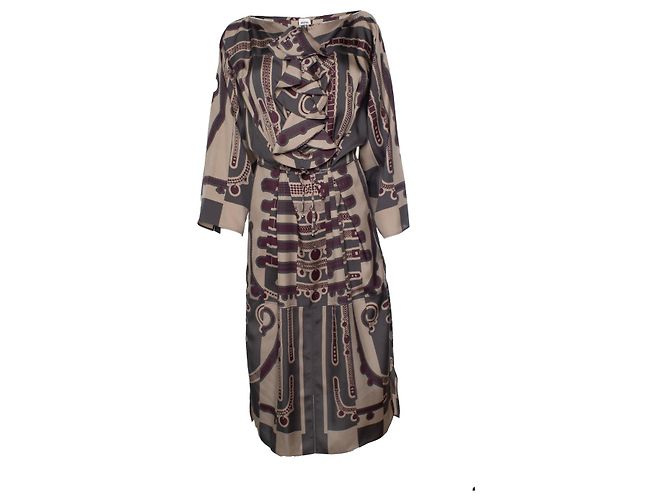 Hermès Vestido midi de seda com babados e estampa de cinto Hermes Cinza Roxo