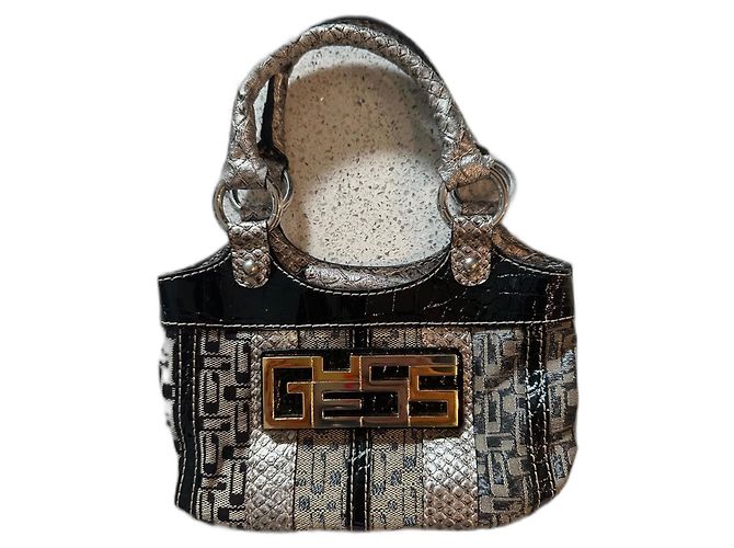 Guess Mini Handbag Black and Silver Python Effect Silvery