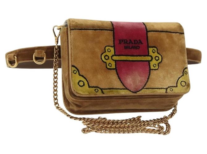 PRADA Borsa a Spalla Chain Kaye Velluto Beige Oro Auth 141360 D'oro