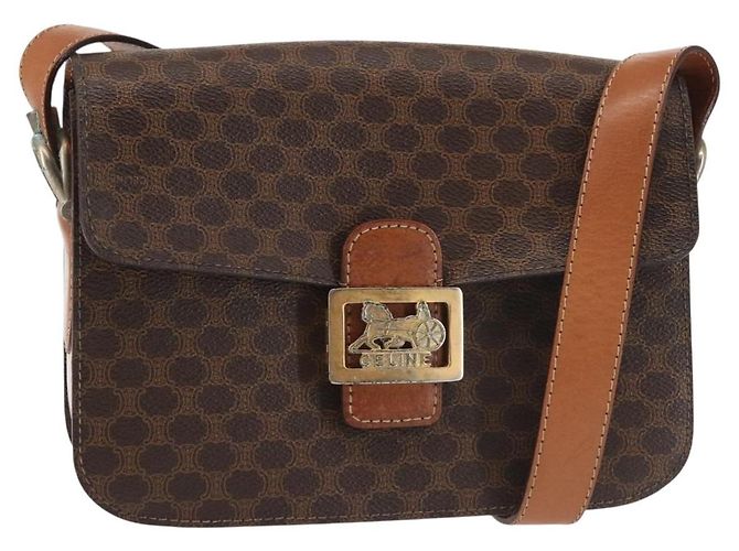 Céline Bolsa de Ombro em Lona Macadam CELINE em Couro PVC Marrom Dourado Auth bs29090