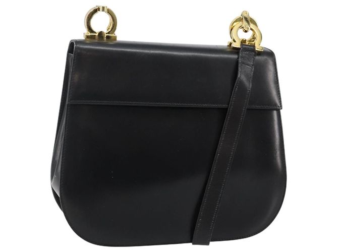 Borsa a Spalla Gancini in Pelle Nera e Oro Salvatore Ferragamo Auth bs29116 Nero D'oro