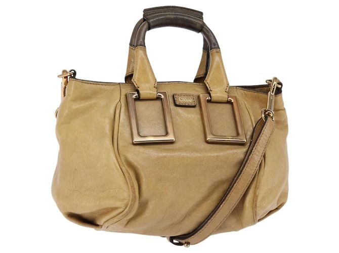 Chloé Bolsa de mão em couro Chloe Etel 2 em 1 Bege Ouro Auth SW1546 Dourado