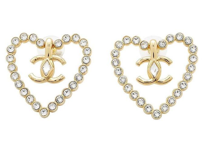 Boucles d'oreilles Chanel Coco Mark cœur en strass dorées Bijouterie dorée