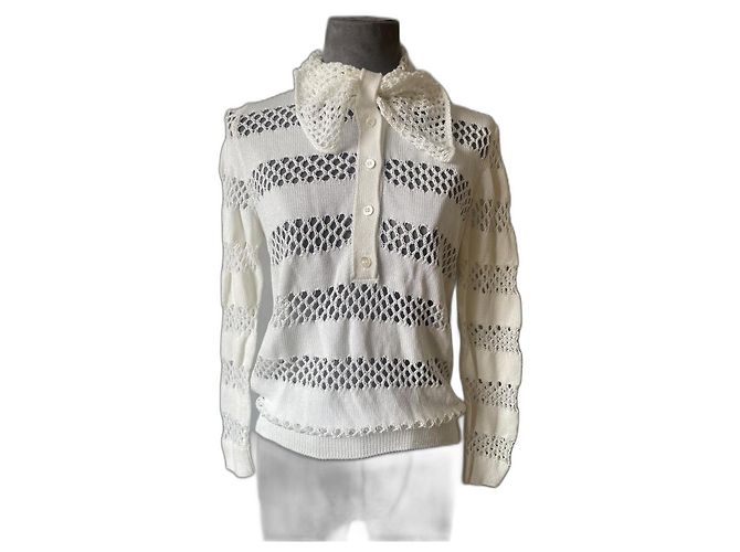 Blusa Dior Bianca in Cotone con Pizzo e Fiocco a Sciarpa Bianco