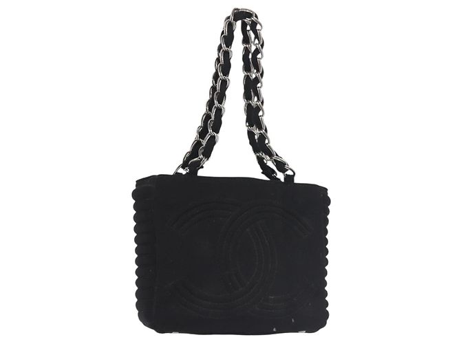 Bolso de hombro con cadena CHANEL de algodón negro plateado CC Auth 142754 Plata