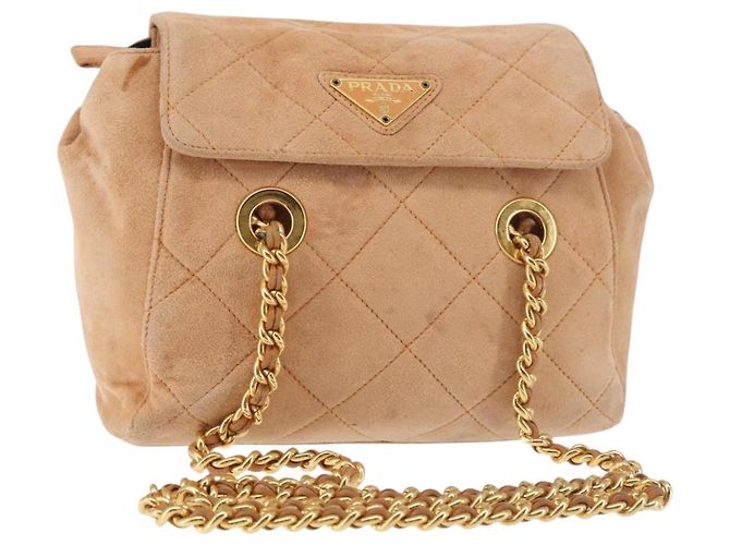 Bolsa de Ombro com Corrente PRADA Camurça Bege Ouro Auth 135314 Dourado