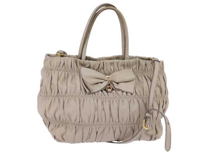 PRADA Geraffte Handtasche aus Leder 2 in 1 Beige Gold Auth BA5654 Golden