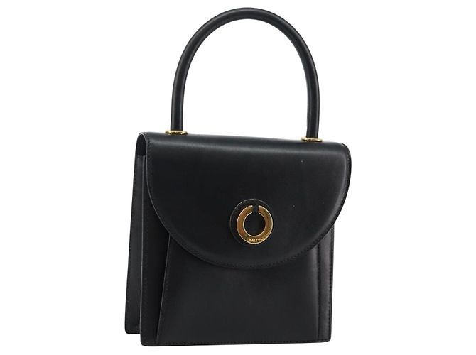BALLY Bolsa de mão em couro preto e dourado Auth BA5596