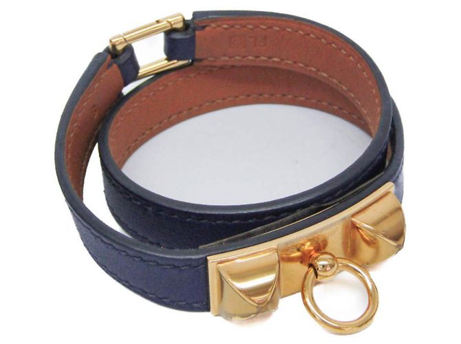 Pulseira de couro e metal Rivale Double Tour da Hermès Dourado Azul marinho