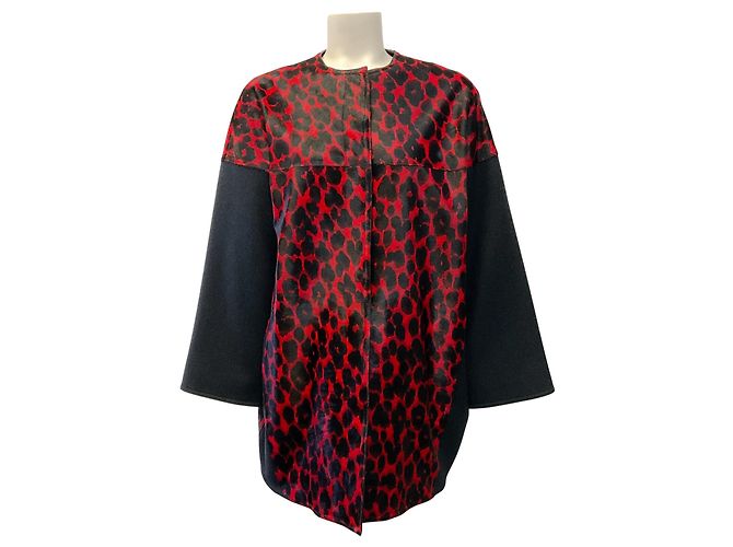 Longchamp Red / Black Leopard Calf Hair / Wool Coat