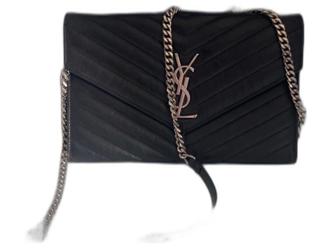 Saint Laurent Cassandre Envelope Chain Wallet Black Leather