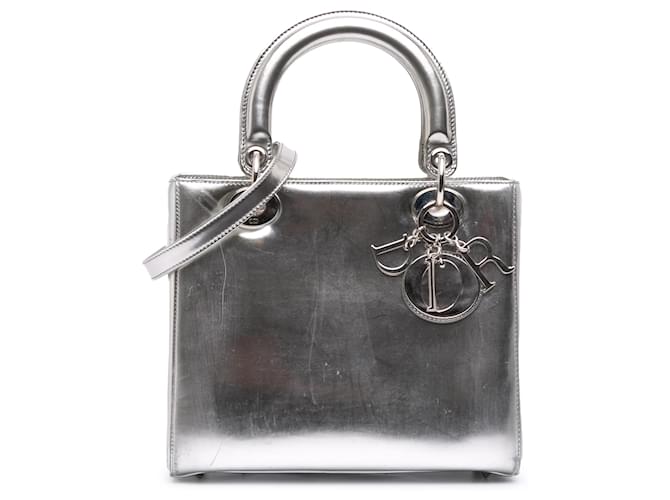 Dior Silver Medium Metallic Patent Lady Dior Silvery Leather Patent leather  ref.2530626