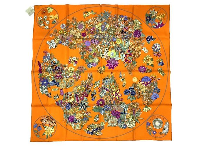 Lenço Hermès Carré 90 Planifleures Laranja