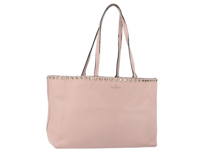 Bolsa Tote de Couro Valentino Studs Rosa Dourado Auth BA5305