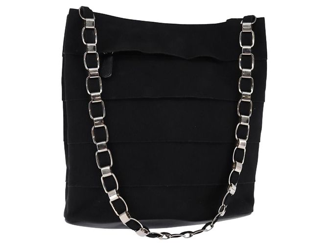 Borsa a Spalla Vala Chain in Tela Nera e Argento di Salvatore Ferragamo Auth BA5606 Nero