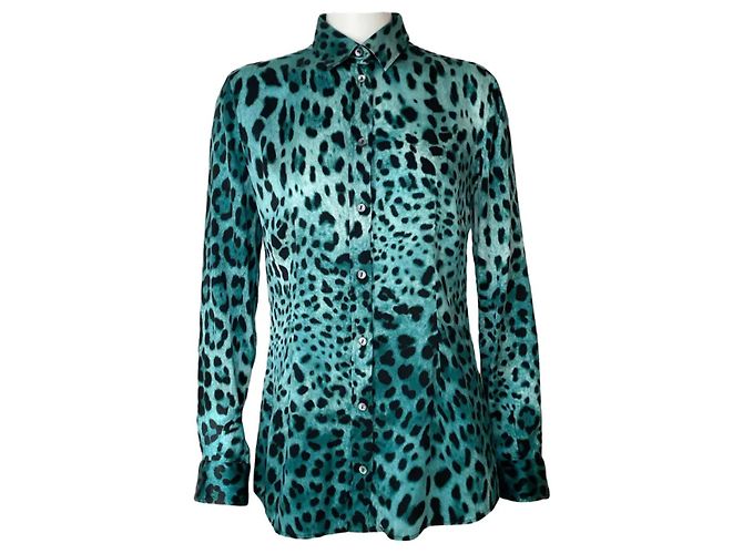 Dolce & Gabbana Blaue Seidenbluse mit Leopardenmuster Schwarz