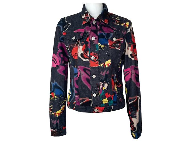 Versace Jeans Couture Graffiti Denim Jacke Schwarz Mehrfarben