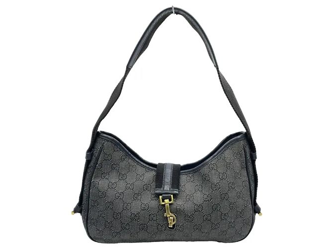 Borsa a spalla Gucci Jackie GG Denim e Pelle Nera Nero Grigio antracite
