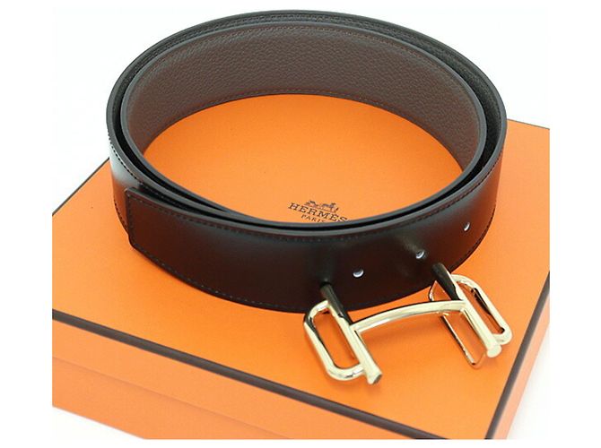 Cinto Padrão de Couro com Fivela Real Hermès Preto