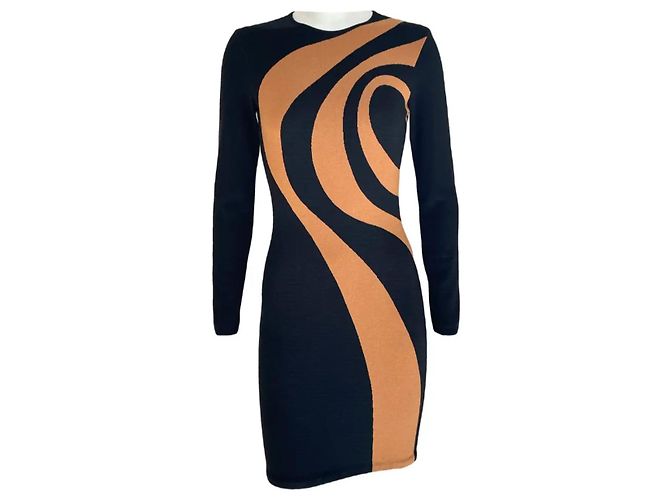 Thierry Mugler Strickkleid Schwarz Orange Geometrischer Print