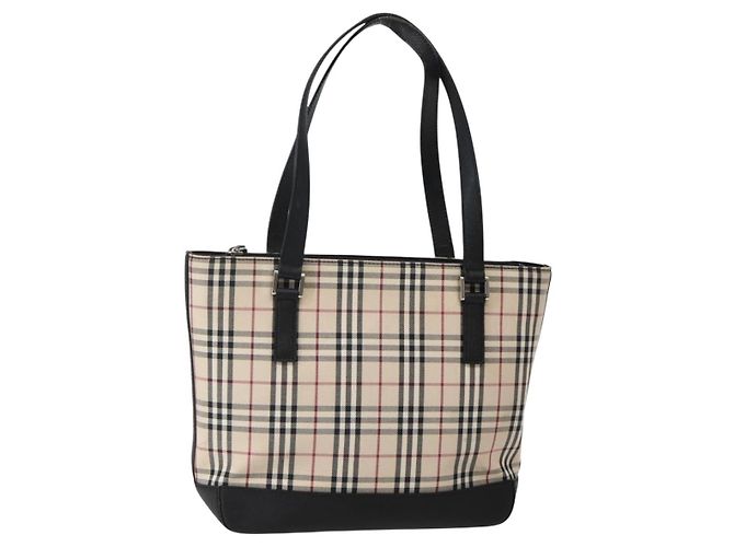 Bolsa Tote Nova Check Burberry em Lona e Couro Bege Prata Auth BA5747