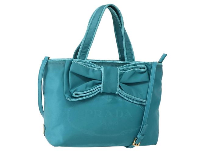 PRADA Bolso de mano de nailon 2 vías azul turquesa oro Auth BA5686 Dorado
