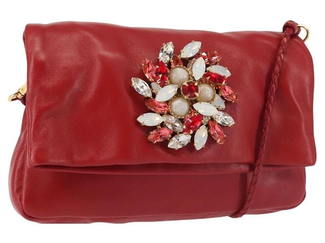 Miu Miu Bijoux Shoulder Bag Leather Red Gold Auth SW1539 Golden