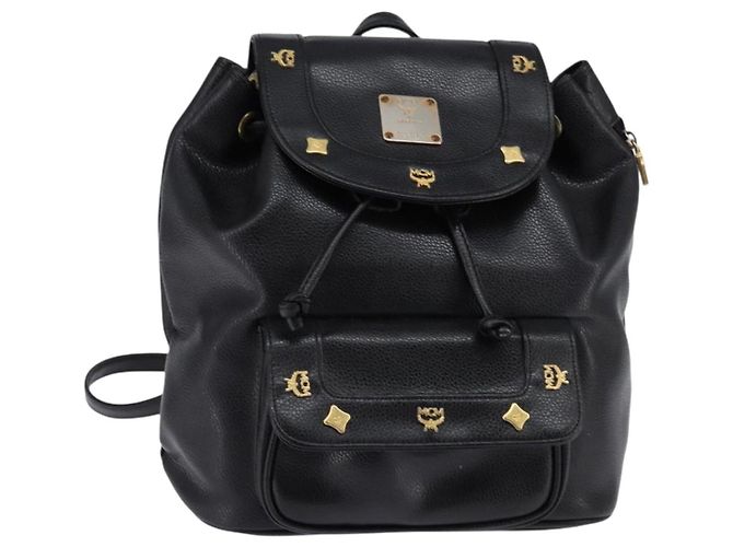 MCM Backpack Leather Black Gold Auth BA5614 Golden