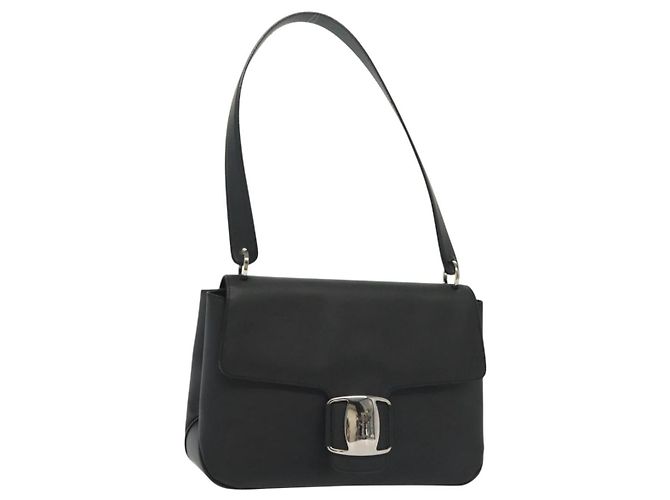 Borsa a Spalla Vala in Pelle Nera e Argento Salvatore Ferragamo Auth 141973 Nero