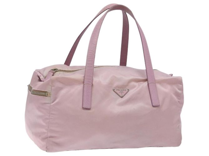 Sac Boston PRADA en nylon rose argent Auth 141532 Argenté