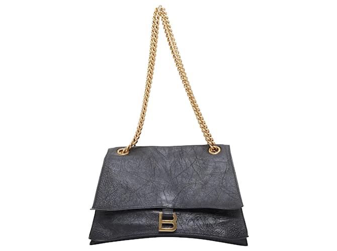 BALENCIAGA Crush Medum  black textured leather gold B chain flap shoulder bag  ref.2534476