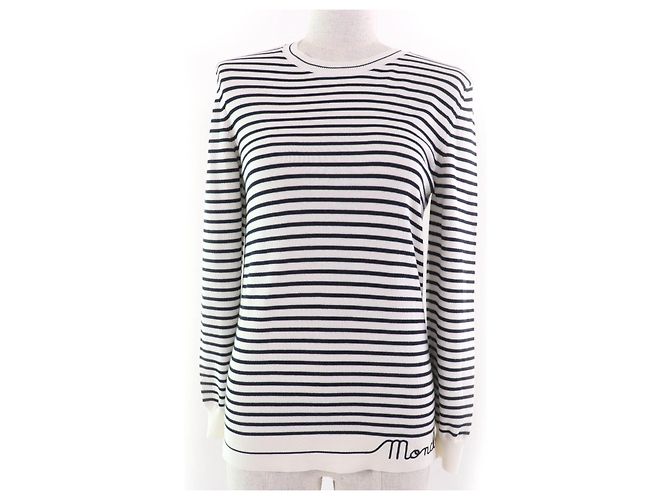 Moncler Logo Border Pattern Cotton Long Sleeve Top Black White Cream