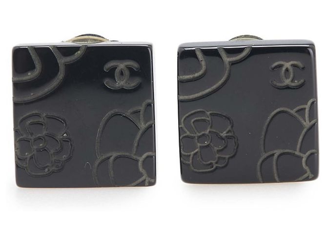 Boucles d'oreilles carrées Camélia avec le logo Coco de Chanel Noir