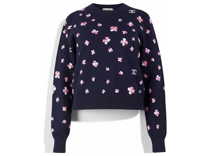 Chanel Pullover mit Blumenmuster aus Kaschmir Dunkelblau Marineblau