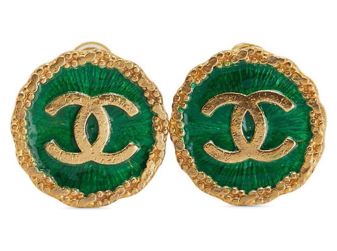 Orecchini rotondi Vintage Chanel Coco Mark D'oro Verde