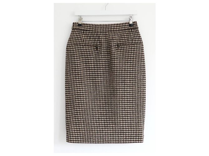 Chanel Houndstooth Tweed Skirt Zip Detail Fall 2015 15K Brown