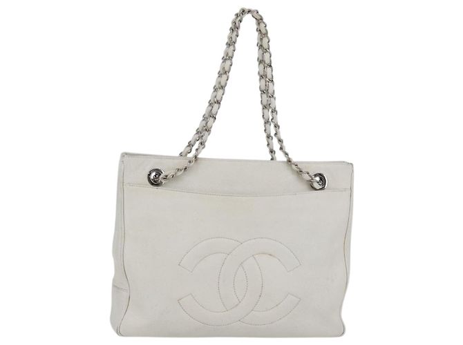 Bolsa de ombro CHANEL em pele caviar branca com corrente prateada CC Auth BA6376 Prata Branco