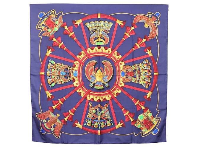 Hermès HERMES Caty Écharpe Carré 90 en Soie Motif Scarabée Égyptien Ancien Bleu Auth 141181  ref.2536944