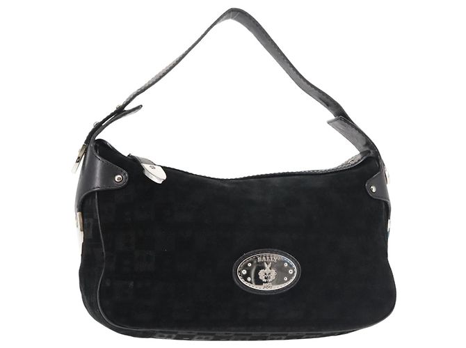 BALLY Shoulder Bag Suede Leather Black Silver Auth BA6459