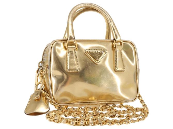PRADA Sac à main en cuir 2 en 1 Or Auth 142998 Doré