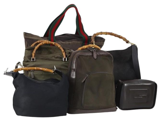 Bolsa GUCCI Bamboo Web Sherry Line em couro e lona 6 Set Bege Preto Auth bs29373