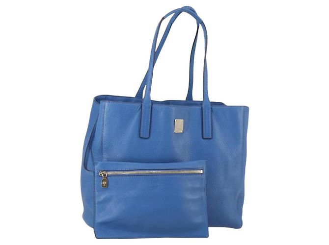 MCM Tote Bag Leather Blue Silver Auth BA5267 Silvery