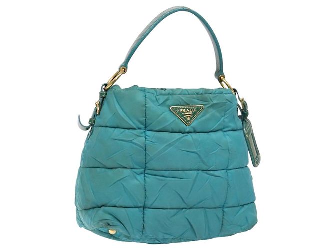 PRADA Schultertasche Nylon Blau Gold Auth 141518 Golden