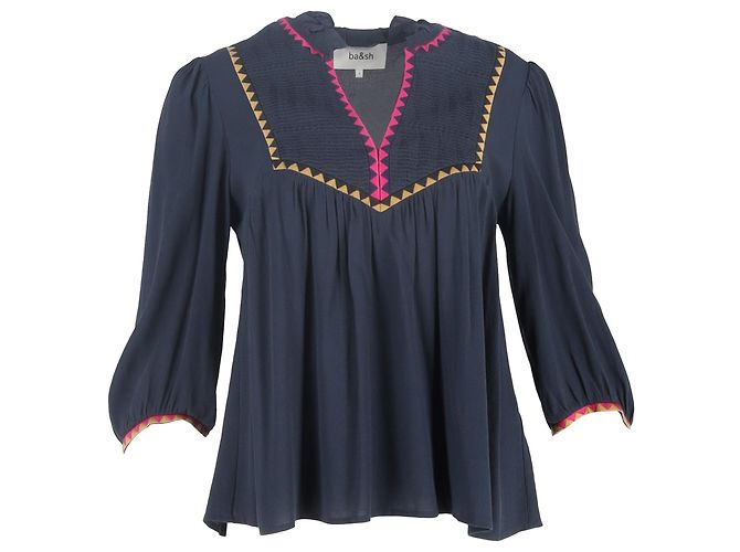 Ba&sh Tracy Bestickte Bluse aus Navy Blue Lyocell Blau Marineblau